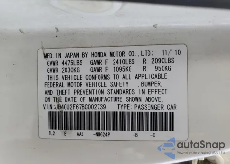 2011 Acura Tsx z USA, uszkodzony, nr VIN JH4CU2F67BC002739